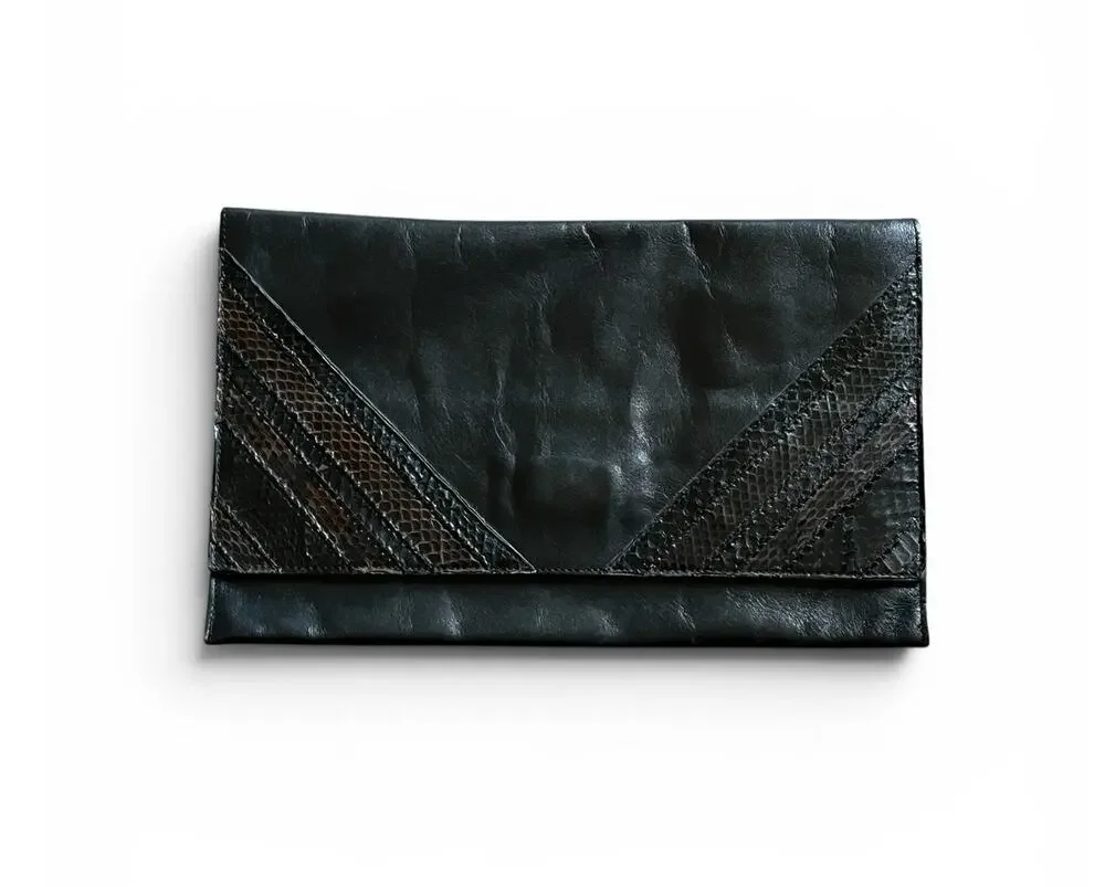 Vintage 70s David Mehler DAME Black Leather Envelope Clutch Snakeskin Trim